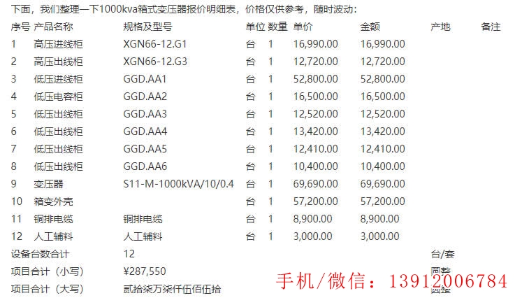 欧式箱变变压器价格报价表